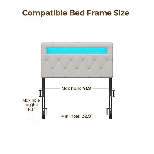 GREENSTELL Headboard for Twin Size Bed with 60,000 DIY Color of LED Light, USB & Type C Post, Attach Frame, Height Adjustable, White Leather Wall Mounted Head Boards Only, Sturdy & Stable, Twin thumbnail 6