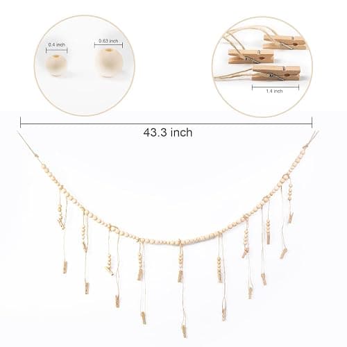 WIVKFML Hanging Photo Display with 18 Wood Clips, Boho Wooden Bead Wall Décor for Bedroom, Living Room, Dorm, Kids Art Picture Display thumbnail 3
