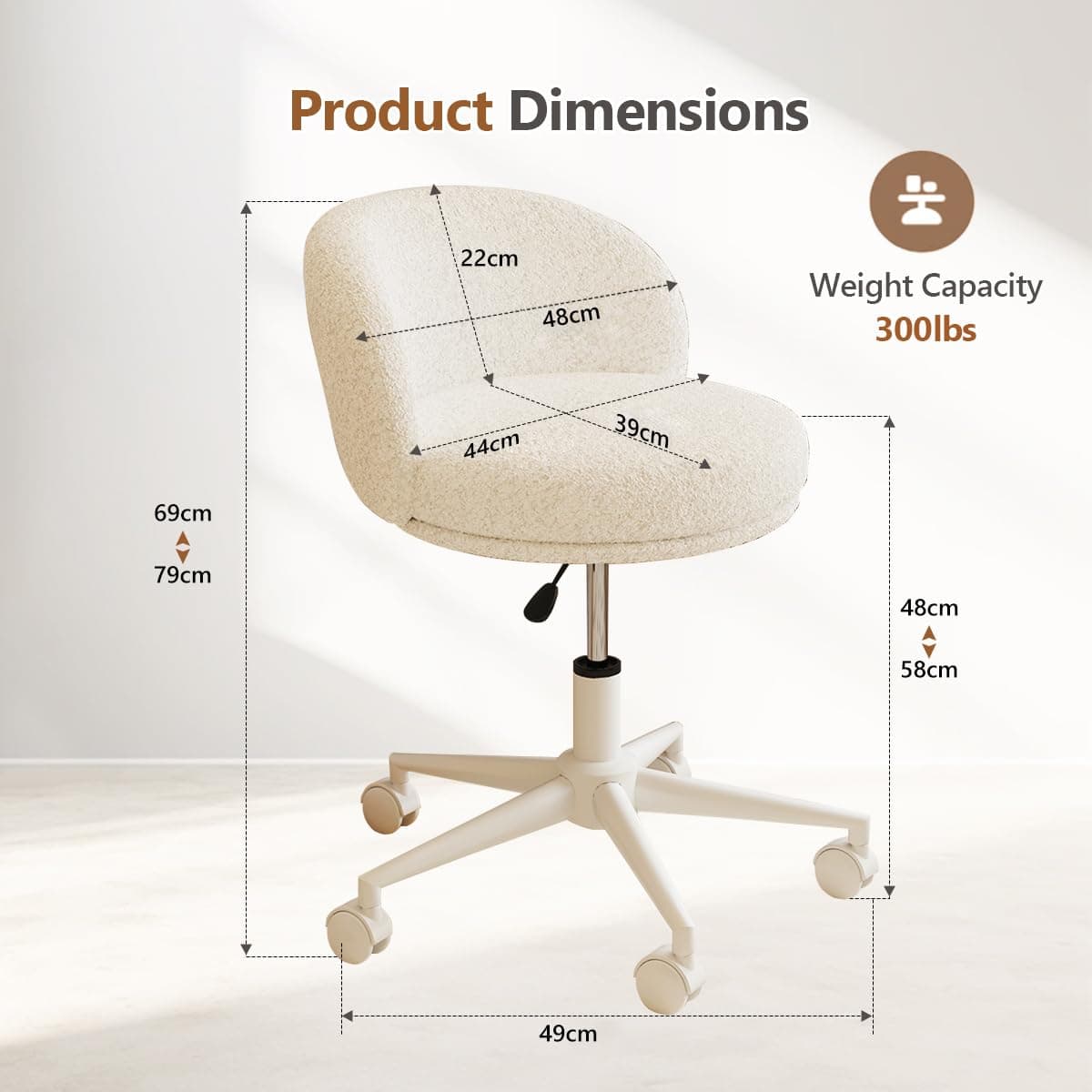 Armless Vanity Chair with Back,360°Swivel Makeup Chairs Small Office Chair with Wheels,Height Adjustable Computer Task Chair for Bedroom,Living Room,White thumbnail 2