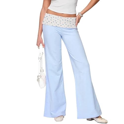MYBFYABO Fold Over Yoga Pants for Women Contrast Color Low Rise Wide Leg Sweatpants Y2k Foldover Lounge Bell Bottoms 2026 - Image 1