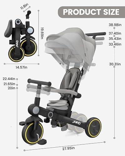 JMMD Baby Tricycle, 7-in-1 Multifunctional Kids Trike with Adjustable Parent Handle, Safety Harness & Wheel Brakes, Removable Canopy, Stroll Trike for Boys & Girls Ages 18 Months-5 Years, Black thumbnail 2