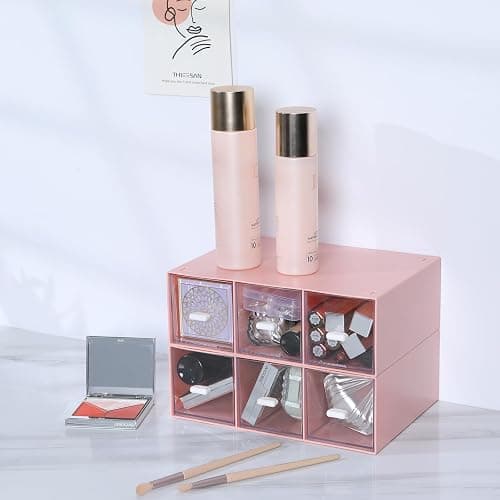 OSteed Desktop Drawers, Desk Organizer with 6 Drawers, Stackable Plastic Storage Box for Home Collection, Cosmetics, Jewelry, Office Supplies (2 Tall Layers, Pink) thumbnail 2