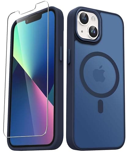 YENAPOON for iPhone 14 Case, iPhone 13 Case, with 1 Screen Protector, Matte Magnetic Slim Phone Cover, Support for Magsafe, Shockproof Protection Translucent Frosted Back,Navy Blue - Image 1
