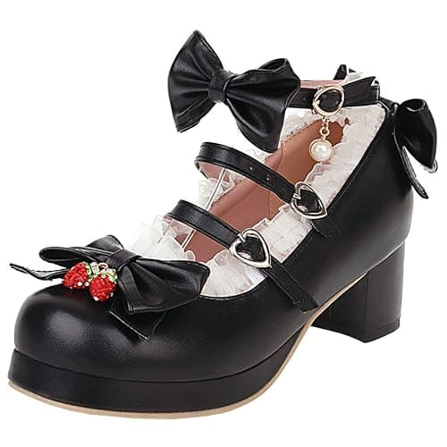 Parisuit Womens Mary Jane Chunky Heel Platform Pumps Bowtie Heart Strap Lace Kawaii Maid Shoes - 11.5 - Black - Image 1
