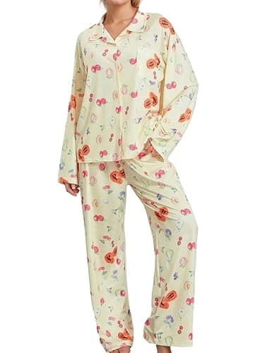 TIKITIDES Womens 2 Piece Floral Fruit Button Down Pajama Sets Cute Long Sleeve Wide Leg Soft Pjs Loungewear - Image 1