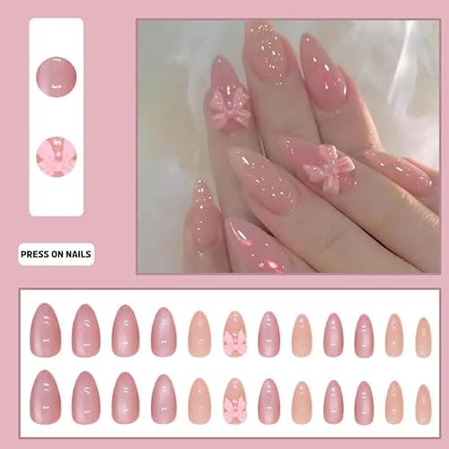 Hkanlre Pink Press on Nails Medium Bow Fake Nails Tips Full Cover Almond False Cute Nails for Women and Girls 24PCS thumbnail 4