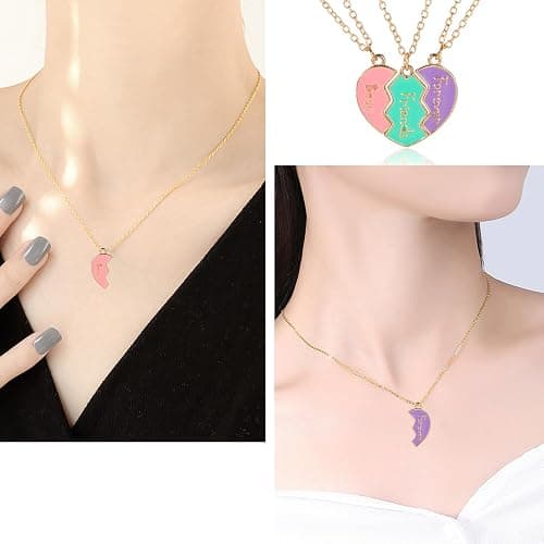 Azushwer Friendship Necklace for 3 Girls, Heart Openwork Sticking Magnetic Best Friend Necklace Pendant for Women Friendship Jewellery Gift, Multicoloured, Best Friend Forever Gift thumbnail 3