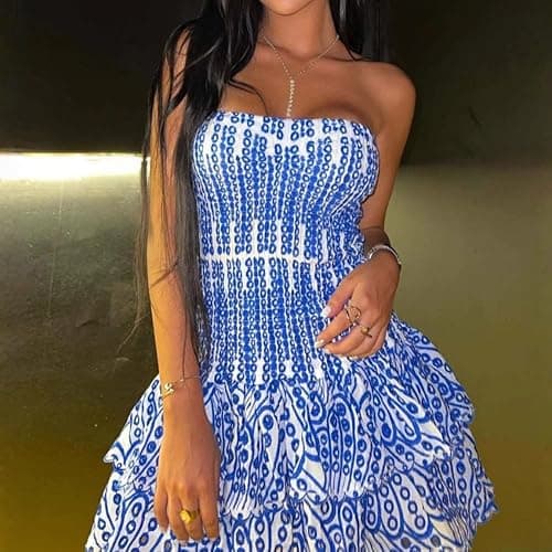 Tube Top Preppy Dress Women Y2k Blue Floral Strapless Mini Dress Vintage Short Going Out Dresses thumbnail 2