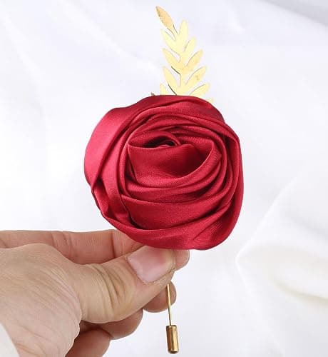 Faux Silk Rose Men Suit Boutonniere, Artificial Flower & Golden Leave Brooch Lapel Pin for Groom Groomsman Wedding Prom Dance Homecoming Party thumbnail 7