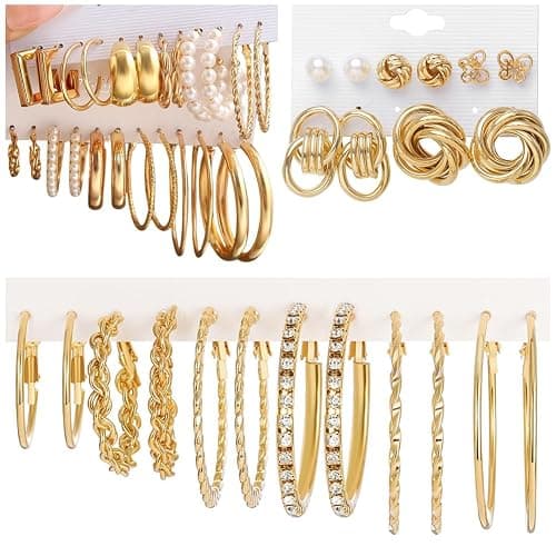 41Pairs Gold Hoop Earring Sets for Women, Fashion Chunky Pearl Earrings Multipack Twisted Statement Earring Pack Small Pearl Earrings for Gift ﻿ thumbnail 5