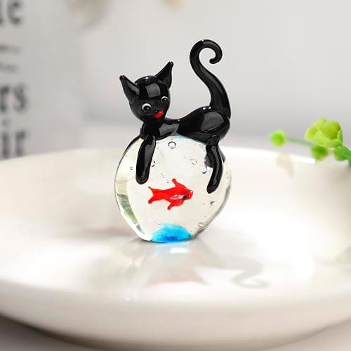 QFkris Blown Glass Black Cat Figurine, 1.6“ Mini Glass Animals Sculpture, Cat and Fish Art Collectible Figurines for Home Decor, Gift for Mom Cat-Lover Birthday Christmas thumbnail 2
