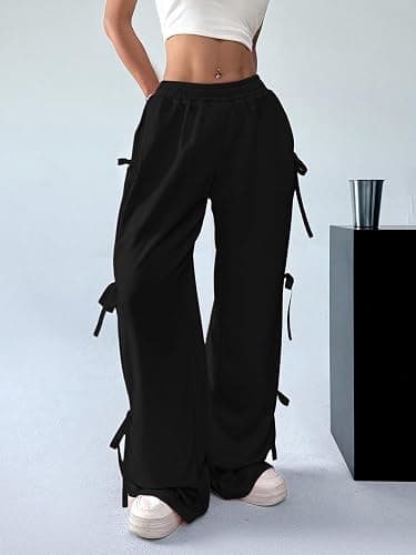 Verdusa Women's Baggy Sweatpants Elastic Waist Casual Bow Wide Leg Pants with Pocket Y2K Going Out Travel Pants thumbnail 2