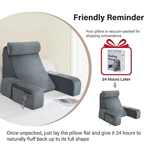 ENITYA Reading Pillow for Sitting in Bed Adult, 19" Back Support Pillow for Bed Sitting up, Backrest Cushion for Reclining,Gaming,Resting,Watching TV in Couch or Floor, Wedge with Arms, Medium(Grey) thumbnail 7