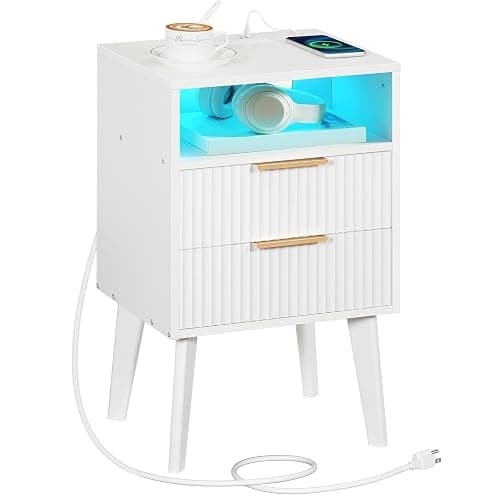 MAHANCRIS End Table, Fluted Nightstand with Charging Station and LED Lights, Modern Side Table with 2 Drawers and 1 Open Compartment, for Living Room, Bedroom, Study, Office, White ETWT63E01 thumbnail 9
