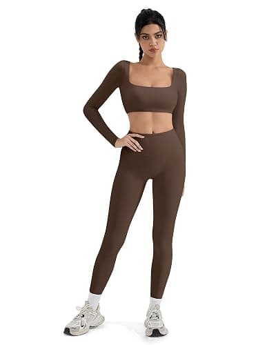 SUUKSESS Women 2 Piece Workout Sets Compression Tummy Control Leggings with Pockets Long Sleeve Square Neck Padded Crop Tops thumbnail 7
