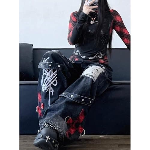 Y2K Ripped Grunge Baggy Jeans Pants Emo Women Goth Straight Leg Pants High Waist Alt 2000s Trousers Clothes thumbnail 7