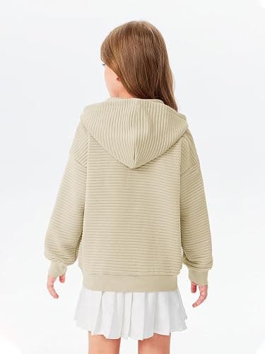 Haloumoning Girls Zip Up Hoodie Kids Fashion Oversized Textured Sweatshirt Jacket with Pockets 5-14 Years thumbnail 5