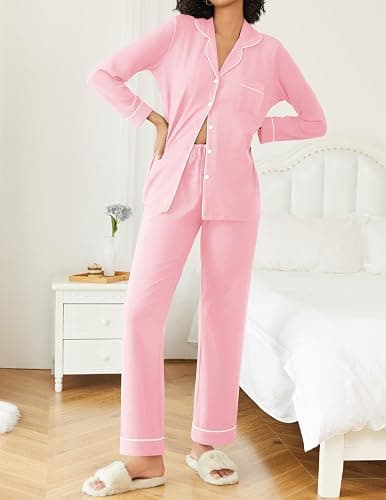 Ekouaer Womens Pajamas Set 2 Piece Button Down Pjs Soft Long Sleeve Top and Pants Sleepwear Set Lounge Sets thumbnail 5
