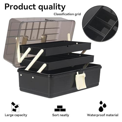 WEWLINE 13-Inch Art Storage Box 3-Layers Plastic Storage Box with Handle Craft Art Bin Portable for Home School Office Travel, Black thumbnail 6