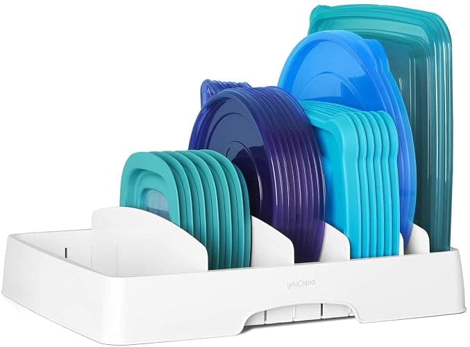 YouCopia StoraLid Food Container Lid Organizer for Kitchen Cabinet Storage with 5 Adjustable Dividers, 10.5''D × 13.4''W × 3.3''H, Large Classic Edition, White - Image 1