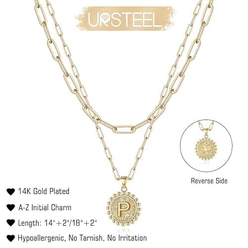 Ursteel Layered Initial Necklaces for Women, 14K-Gold-Plated Dainty Layering Paperclip Chain Necklaces for Women Jewelry thumbnail 5