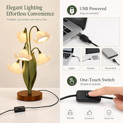 NewAoNaSen Lighting Flower Table Lamp for Bedroom, LED Cute Reading Light | 5 White Magnolia Flower of The Valley Desk Lamp Bedside Lamps for Nightstands Home Decor,Soft Night Light for Living Room thumbnail 5