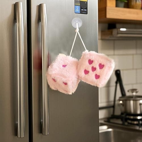 Pair 3” Colorful Heart Embroidered Fuzzy Plush Dice, Soft Plush Car Decoration Hanging Ornaments, Couple Car Decorative Vintage Accessories for Rearview Mirror Decorations(Pink Rose Red Dots) thumbnail 5