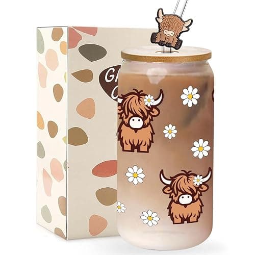Highland Cows Gifts for Women Highland Cow Lovers Decor Print Stuff Coffee Cup with Cow Straw - Cute Coffee Cups/Tumbler Christmas Birthday Gifts for Women Girls, Glass Cup with Lid and Straw 16oz - Image 1