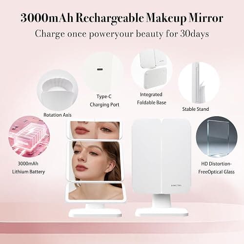 SIMETRA 15.6'' Rechargeable Makeup Mirror with Lights, 156 LED Magnification Vanity Mirror with 3 Colors Lights, 3000mAh Lighted Mirror, Touch Control Trifold Mirror for Women Travel Desk thumbnail 6