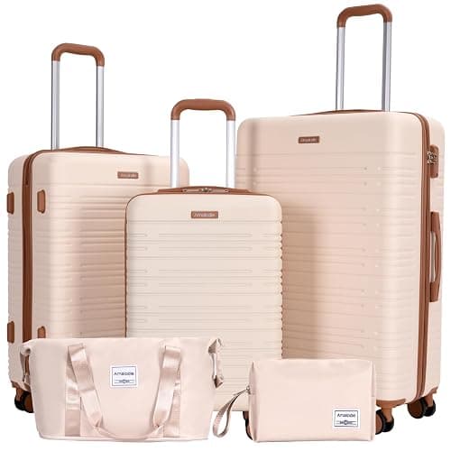Tripcomp Luggage set 5 Piece Suitcases with Wheels, ABS Hardshell Carry On and Checked luggage with TSA lock a travel bag and a toiletry bag (20/24/28), Creamy White - Image 1