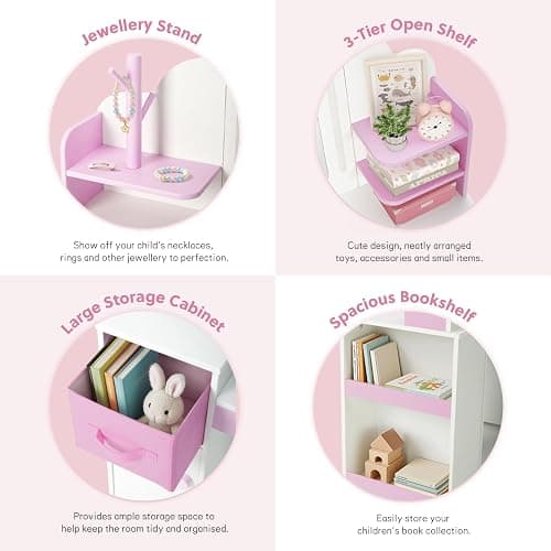 Frogprin Kids Vanity with Lights and Chair, Princess Makeup Vanity Desk with Mirror Bookshelf Storage Cabinet,3 in 1 Toddler Vanity Table Makeup Dressing Table, Pretend Play Vanity Set for Little Girl thumbnail 7
