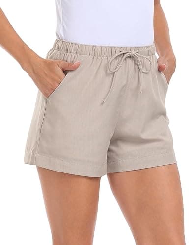 HDE Women's Linen Blend Drawstring Shorts High Waisted 4" Inseam Summer Shorts - Small - Gray Beige thumbnail 3