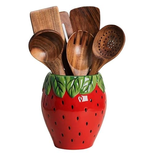 Bicuzat Strawberry Shaped Ceramic Kitchen Utensil Holder, Large Cooking Utensil Crocks for Kitchen Countertop, Ceramic Utensil Organizer for Spatula, Kitchen, Home Decoration-Retro Red - Image 1