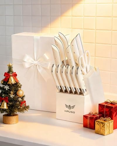 Haugo Kitchen Knife Set with Block: 14-Piece German Stainless Steel Full Tang Professional Knife - Comfortable Grip Reduces Hand Fatigue 30% - Dishwasher Safe & Sharpener - White Knife Set for Cooking thumbnail 2