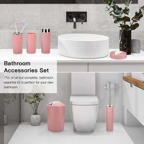 Otostar Bathroom Accessory Set Plastic Bathroom Accessories Set with Soap Dispenser Toothbrush Holder Qtip Holder Tumbler Soap Dish Toilet Brush Holder Trash Can Housewarming Gifts Bath Set (Pink) thumbnail 4