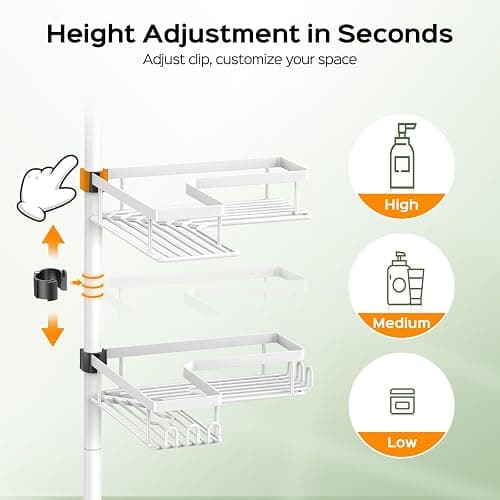 HAMITOR 4-Tier Bathtub Shower Caddy, Tension Pole Corner Shelves, White | Rustproof L-Shaped Adjustable Organizer, No-Drill Bathroom Accessories with Hooks, Space-Saving For Apartment, Renters thumbnail 4