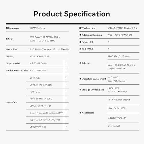 Beelink SER5 MAX Mini PC,AMD Ryzen 7 7735U(8C/16T,up to 4.75 GHz),Mini Computer 24GB LPDDR5 RAM 500GB SSD Graphics 12 core 2200 MHz,Support 4K Triple Display/HDMI+DP+Type-C/Wifi6/BT5.4/USB3.2 thumbnail 9