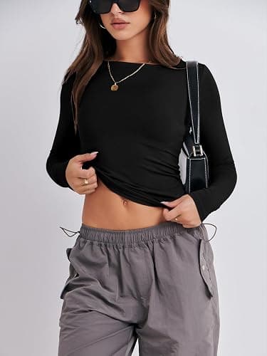 ANRABESS Women’s Long Sleeve Shirts Tight Fitted Going Out Crop Tops Crewneck Basic Tee Y2k Fall Outfits Teens Girls Clothes thumbnail 8
