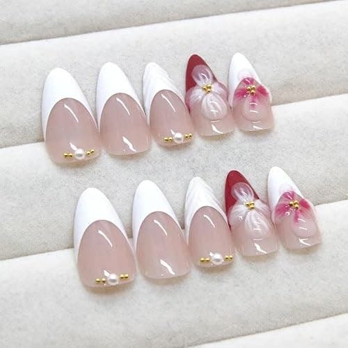 Flower Press on Nails White French Tip Fake Nails Medium Almond False Nails with Pearl Design 5D Floral Glue on Nails Glossy Artificial Acrylic Full Cover Spring Stick on Nail for Women Manicure thumbnail 2