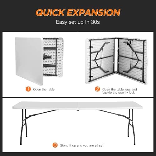 BestOffice 8FT Picnic Table Folding Table Camping Table Plastic Table Fold Up Table Lock for Party Event,White thumbnail 3
