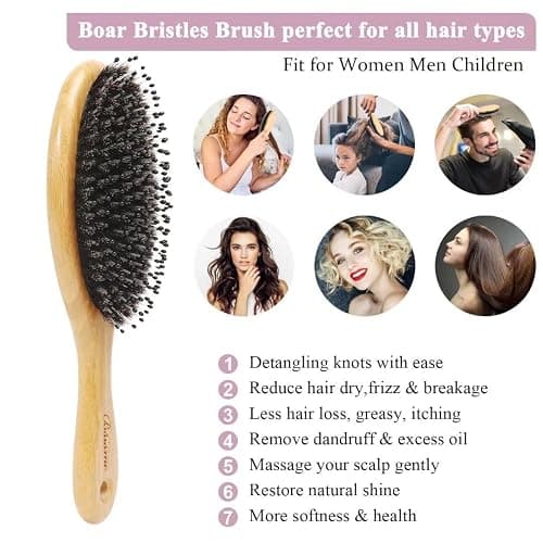 Hair Brush Comb Set Boar Bristle Hairbrush for Curly Thick Long Fine Dry Wet Hair,Best Travel Bamboo Paddle Detangler Detangling Hair Brushes for Women Men Kids Adding Shine Smoothing Hair thumbnail 4
