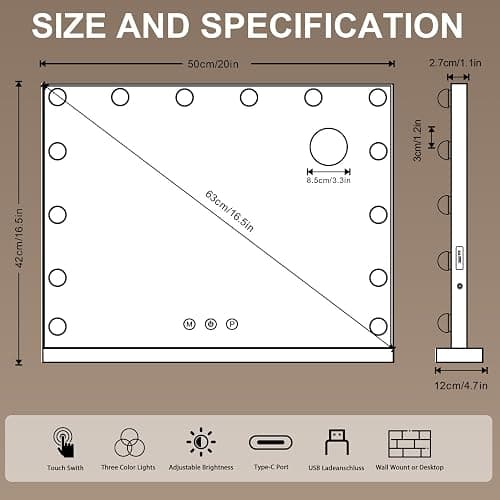 Ereousa Specchio Trucco con Luci, 3 modalità Luce, 50 x 40 cm Specchio Trucco, Durevole Specchio con Luci Make Up, Specchio Make Up con 14 Lampadine LED thumbnail 2