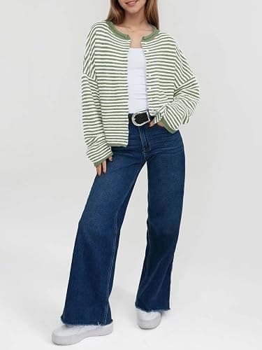 Saodimallsu Womens Striped Cardigan Casual Long Sleeve Open Front Button Down Loose Knit Lightweight Fall Sweaters thumbnail 4