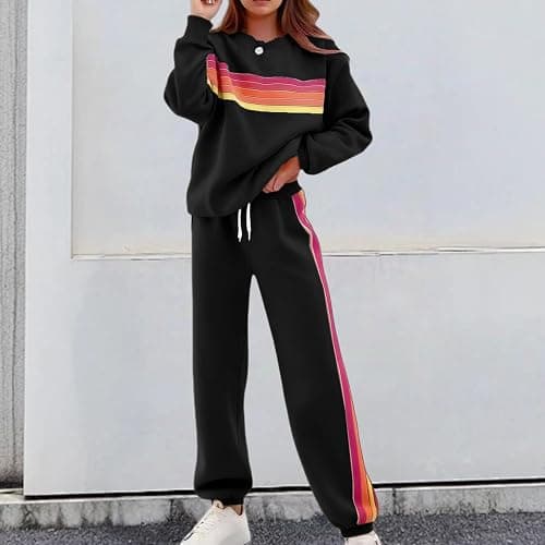 Women 2 Piece Lounge Set Rainbow Striped Sweatshirt High Waist Sweatpants Color Blocked Suit Matching Sweatsuit thumbnail 3