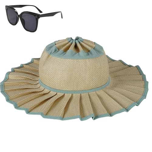 Women's Straw Reversible Pleated Sun Hat,Foldable Wide Brim Beach Hat,Summer Outdoor Travel UV Protection Beach Hats - Image 1