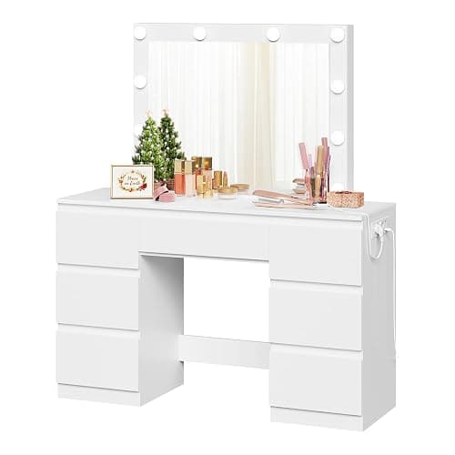 ⭐️WOLTU Dressing Table with Lights and Socket Strip, Vanity Desk with Large LED Mirror and 7 Drawers, Makeup Desk 110x39.5x140cm, White Modern Bedroom Dresser, MB6124ws - Image 1
