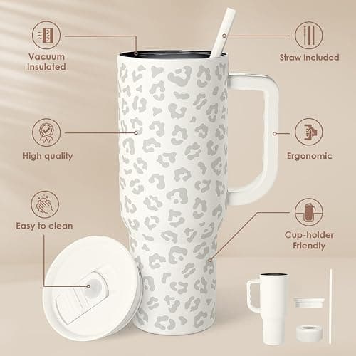 SANDJEST Leopard Tumbler with Handle, Insulated Cup Stainless Steel Travel Mug Cup, Gifts for Women Girl on Birthday Christmas, Cream Leopard, 40oz thumbnail 3