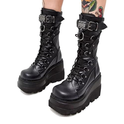 XYKHUI Womens Gothic Punk Platform Boots Chunky Wedge Heel Combat Boots Lace-Up and Zipper Round Toe Mid Calf Motorcycle Boot - Image 1