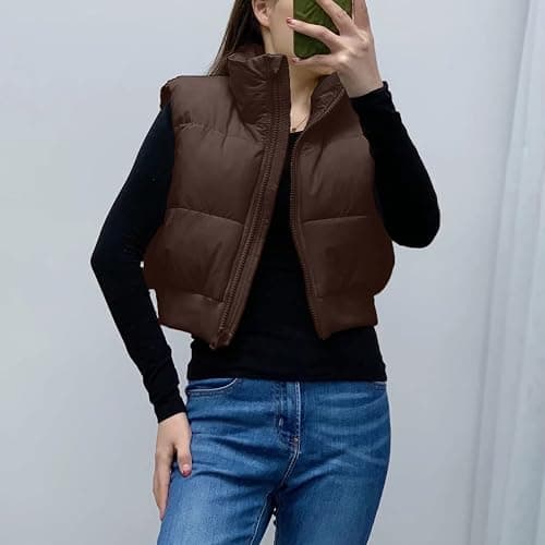 Shiyifa Women's Fashion High Neck Zipper Cropped Puffer Vest Jacket Coat thumbnail 7