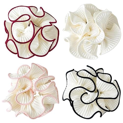 4-Pack Oversized Puffy Hair Scrunchies, Double Layer Satin Ruffle Hair Tie | Lightweight sheer fabric and wide ruffles add soft volume to ponytails, buns and half-up hairstyles without bulky clips. - Image 1
